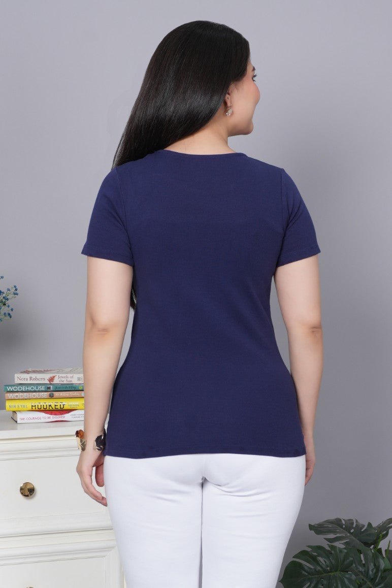 Navy Stretchable Rib T Shirt [ 100% USA HQ Cotton, 280 GSM non transparent fabric ] - Rib t shirt