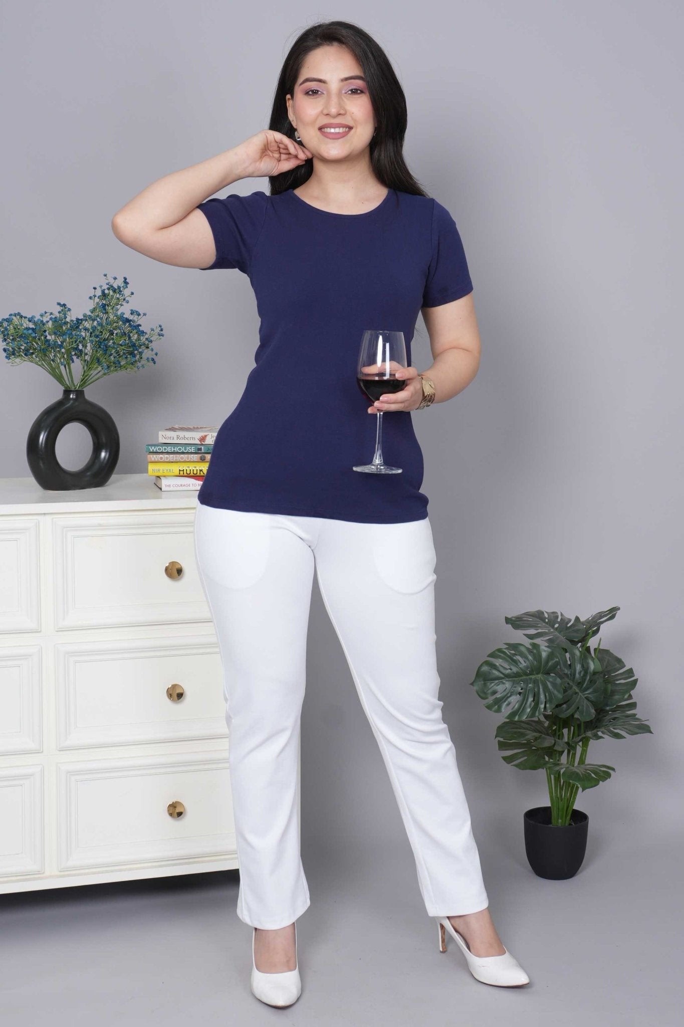 Navy Stretchable Rib T Shirt [ 100% USA HQ Cotton, 280 GSM non transparent fabric ] - Rib t shirt