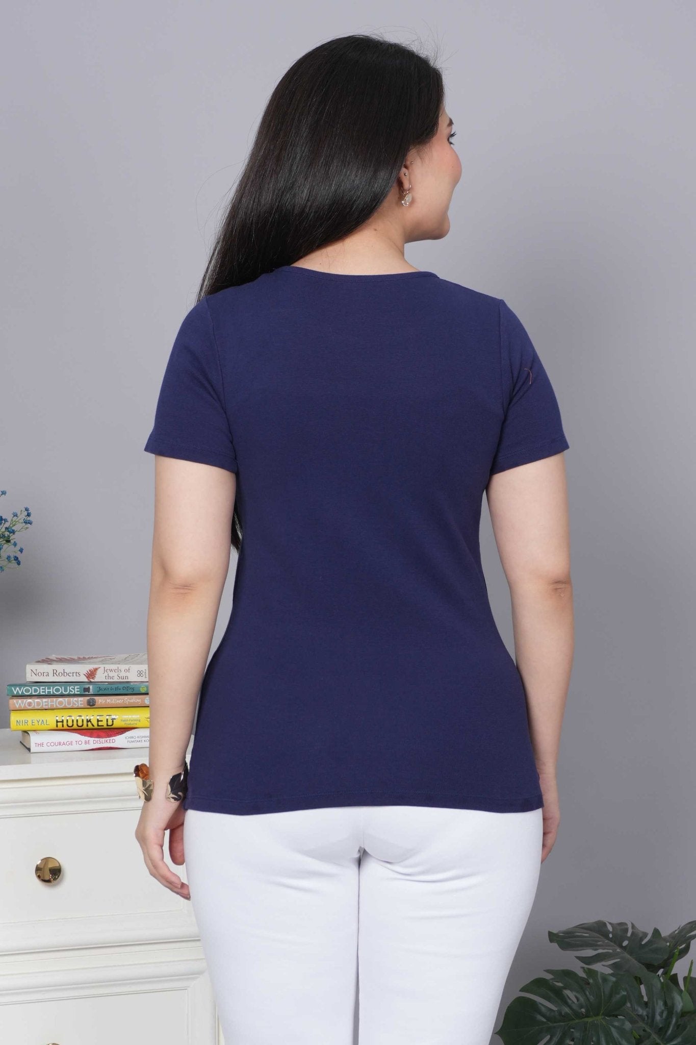 Navy Stretchable Rib T Shirt [ 100% USA HQ Cotton, 280 GSM non transparent fabric ] - Rib t shirt