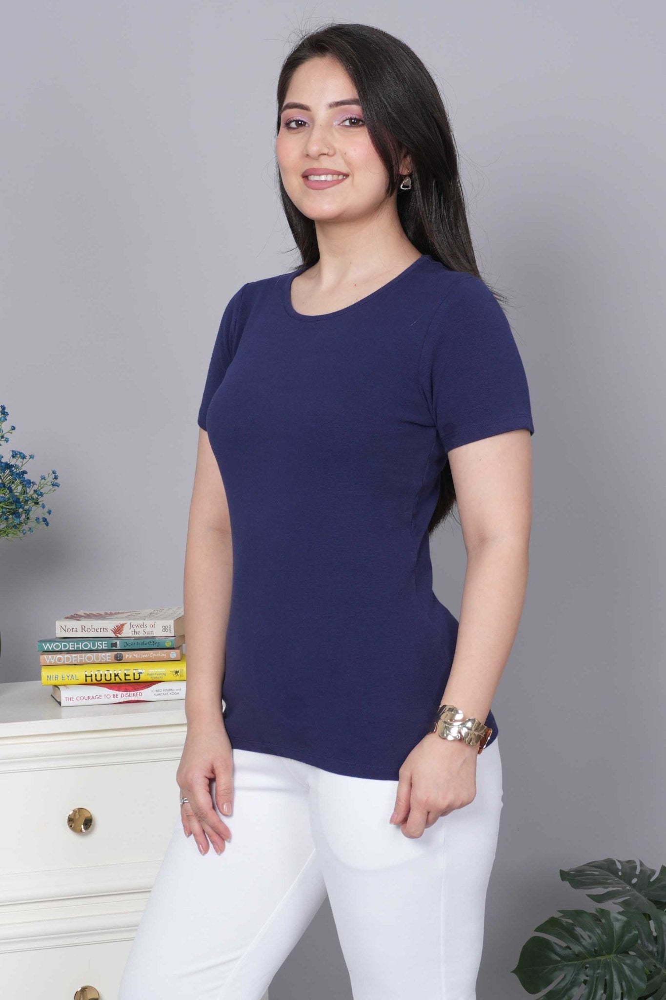 Navy Stretchable Rib T Shirt [ 100% USA HQ Cotton, 280 GSM non transparent fabric ] - Rib t shirt