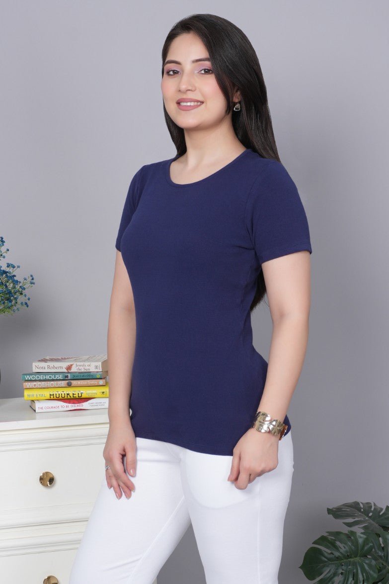 Navy Stretchable Rib T Shirt [ 100% USA HQ Cotton, 280 GSM non transparent fabric ] - Rib t shirt