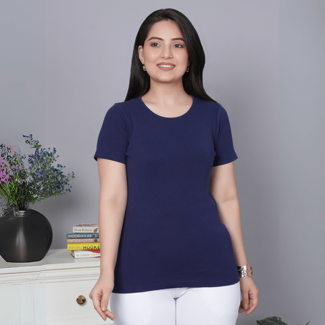 Navy Stretchable Rib T Shirt [ 100% USA HQ Cotton, 280 GSM non transparent fabric ] - Rib t shirt