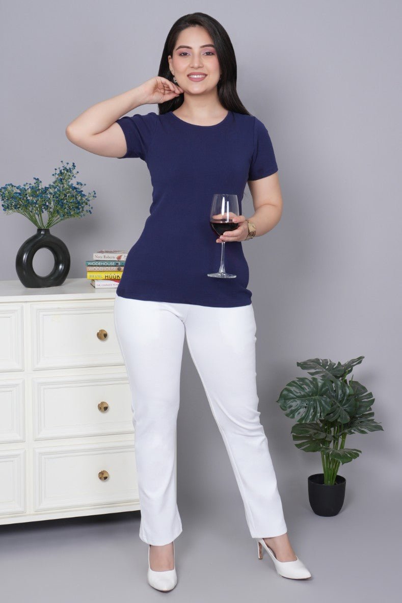 Navy Stretchable Rib T Shirt [ 100% USA HQ Cotton, 280 GSM non transparent fabric ] - Rib t shirt