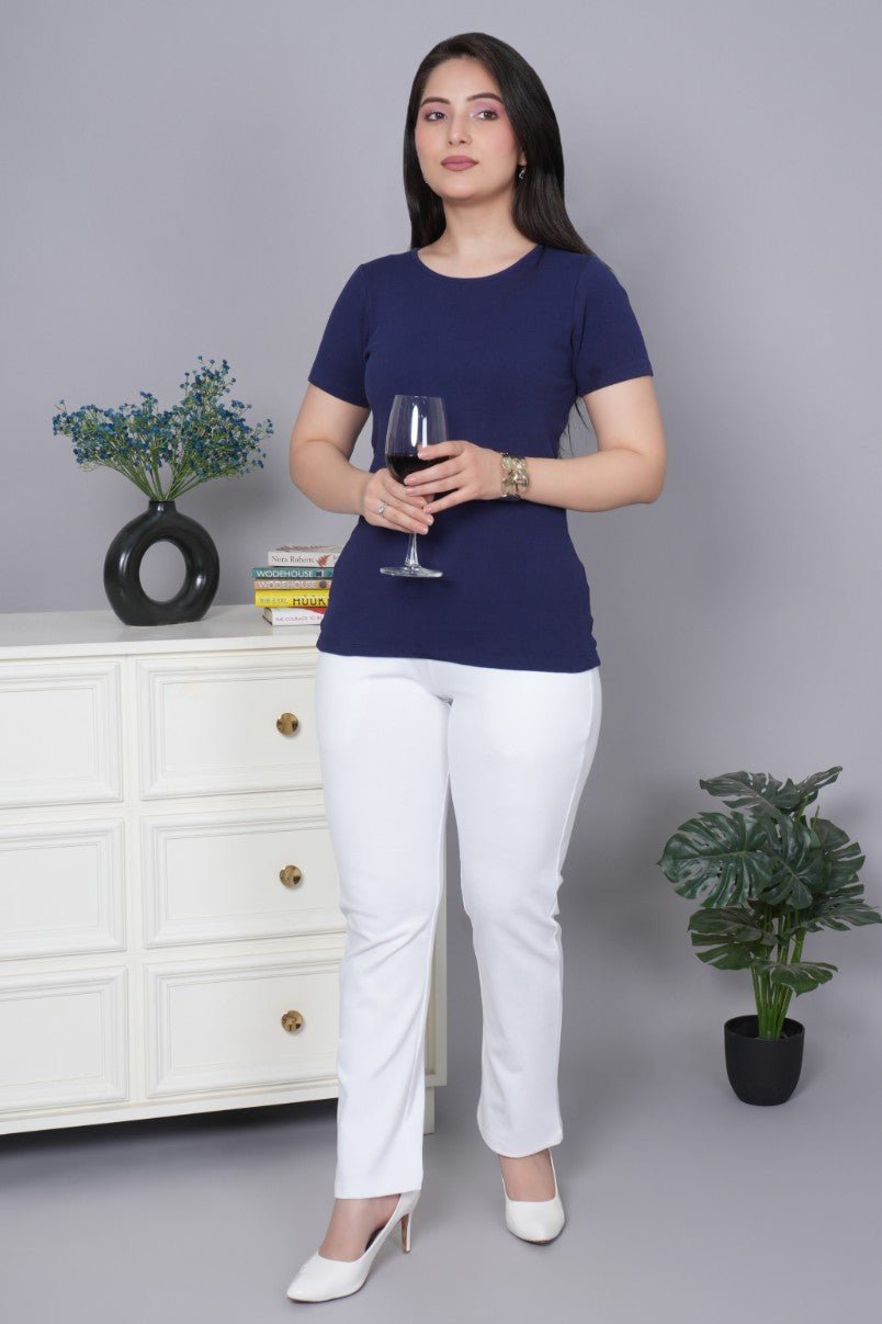 Navy Stretchable Rib T Shirt [ 100% USA HQ Cotton, 280 GSM non transparent fabric ] - Rib t shirt