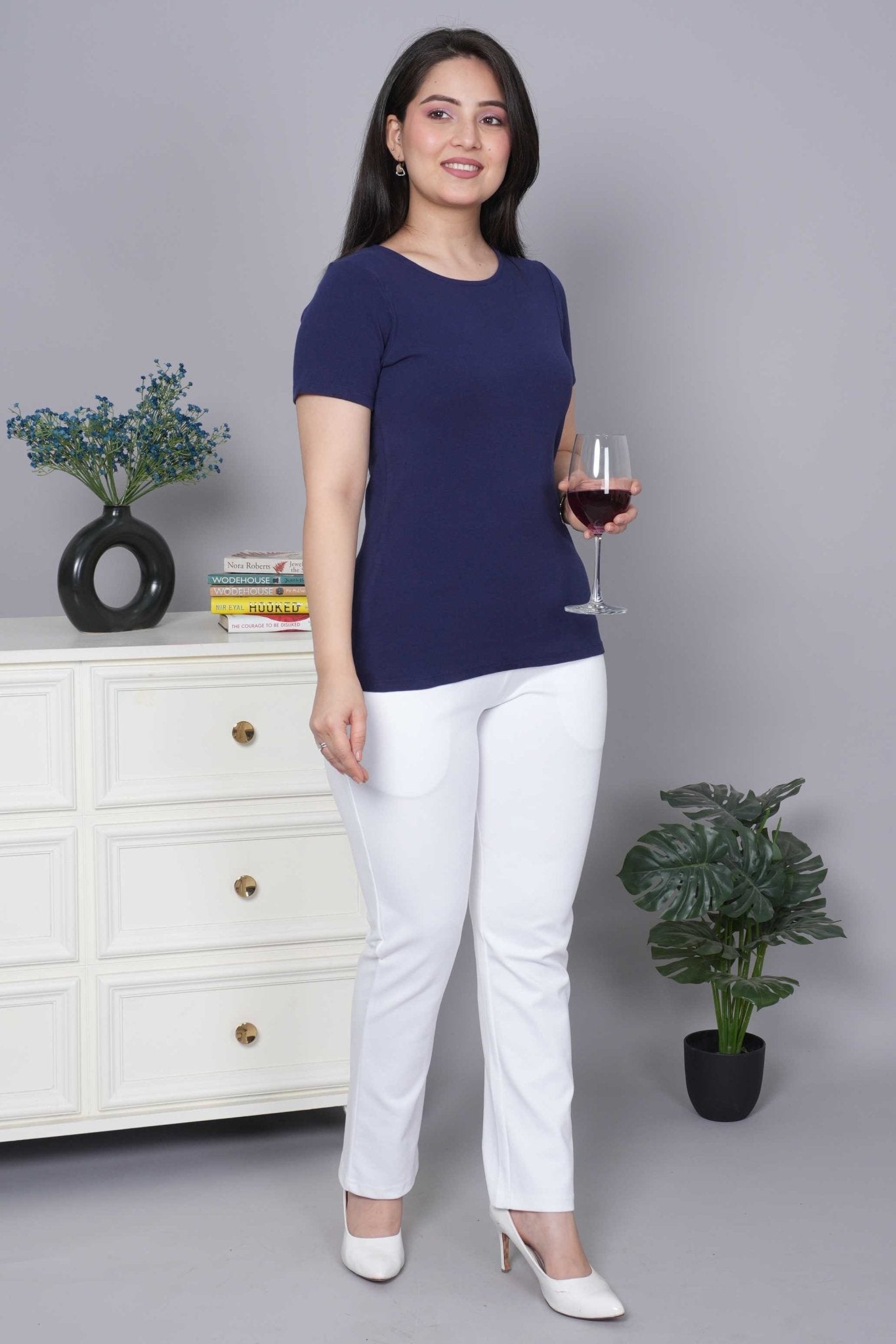 Navy Stretchable Rib T Shirt [ 100% USA HQ Cotton, 280 GSM non transparent fabric ] - Rib t shirt