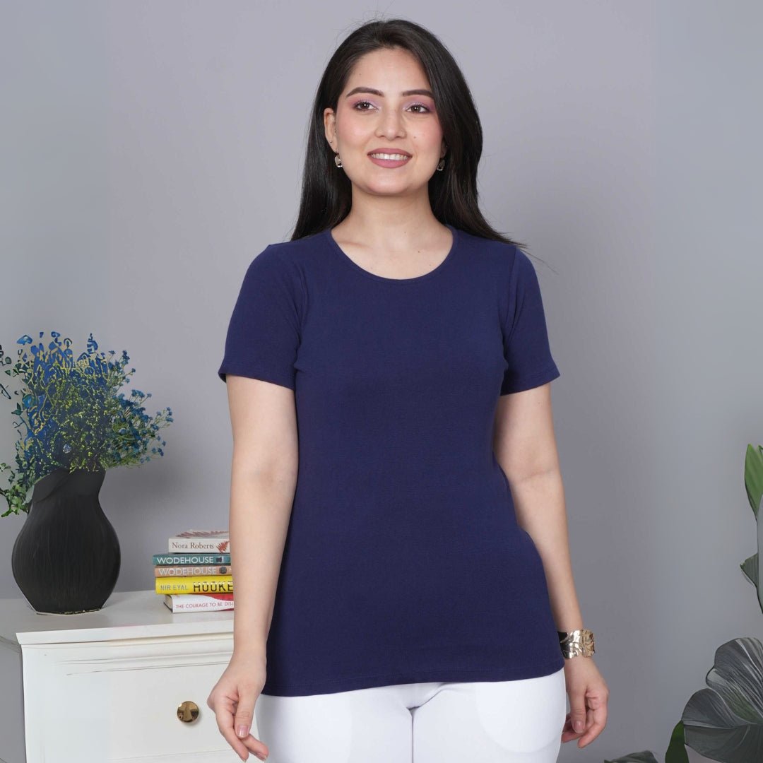 Navy Stretchable Rib T Shirt [ 100% USA HQ Cotton, 280 GSM non transparent fabric ] - Rib t shirt