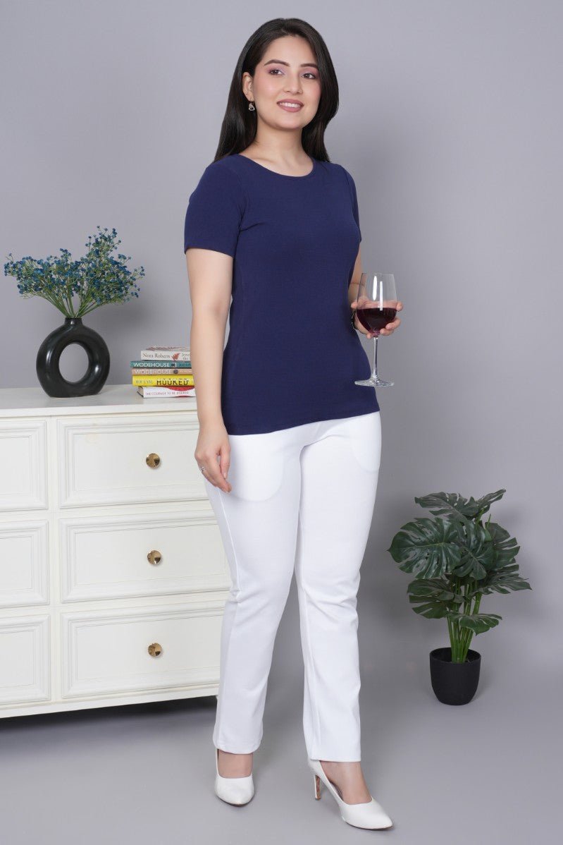 Navy Stretchable Rib T Shirt [ 100% USA HQ Cotton, 280 GSM non transparent fabric ] - Rib t shirt