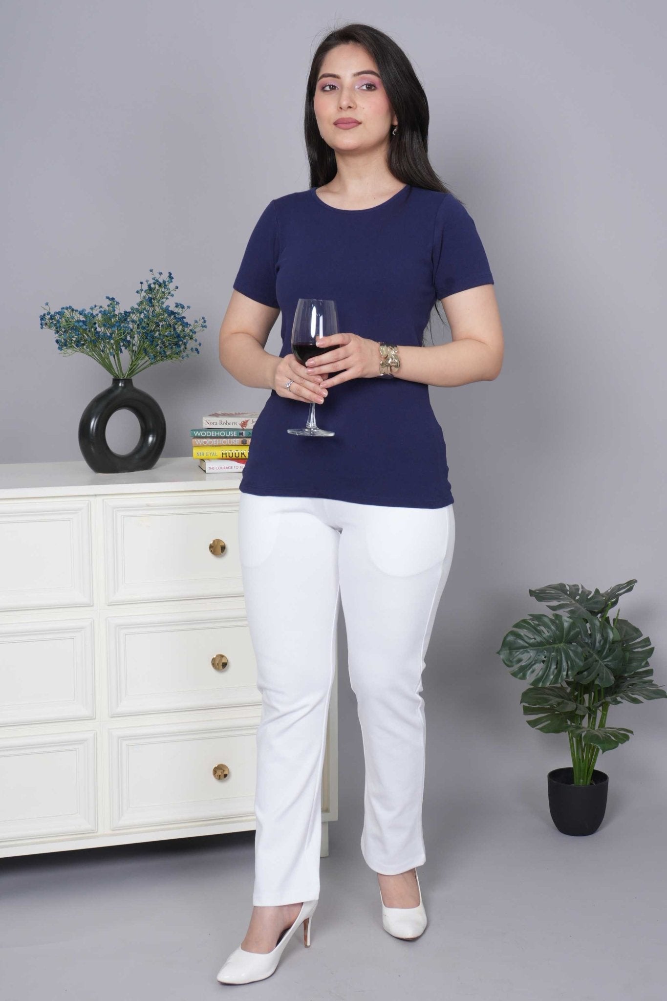 Navy Stretchable Rib T Shirt [ 100% USA HQ Cotton, 280 GSM non transparent fabric ] - Rib t shirt