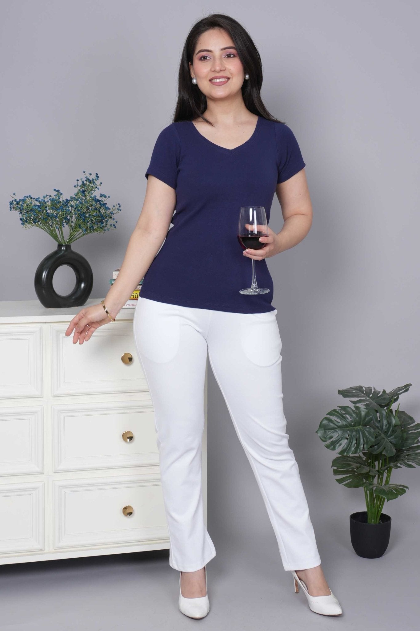 Navy Stretchable V Neck Rib T Shirt [ 100% USA HQ Cotton, 280 GSM non transparent fabric ] - Rib v neck t shirt