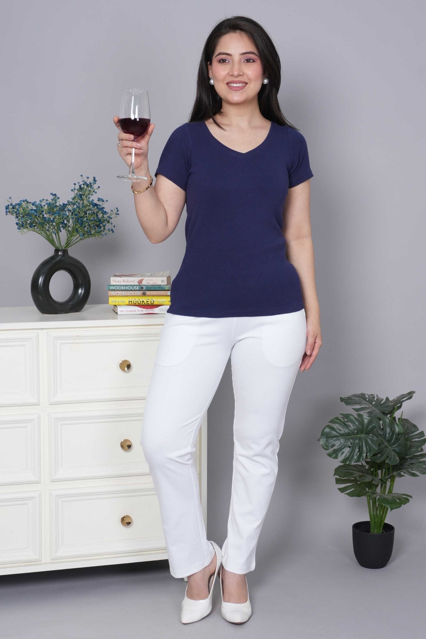 Navy Stretchable V Neck Rib T Shirt [ 100% USA HQ Cotton, 280 GSM non transparent fabric ] - Rib v neck t shirt