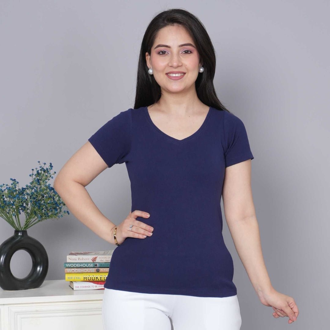 Navy Stretchable V Neck Rib T Shirt [ 100% USA HQ Cotton, 280 GSM non transparent fabric ] - Rib v neck t shirt