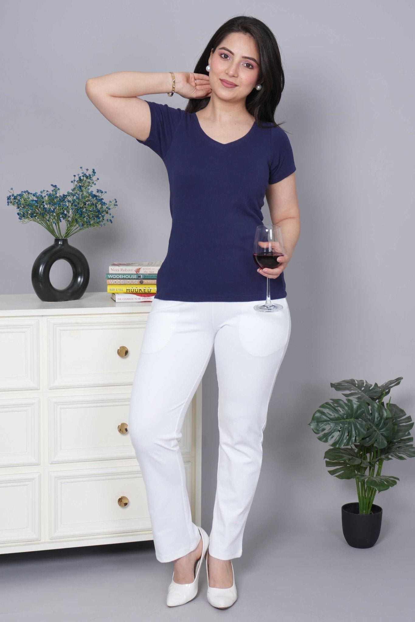 Navy Stretchable V Neck Rib T Shirt [ 100% USA HQ Cotton, 280 GSM non transparent fabric ] - Rib v neck t shirt