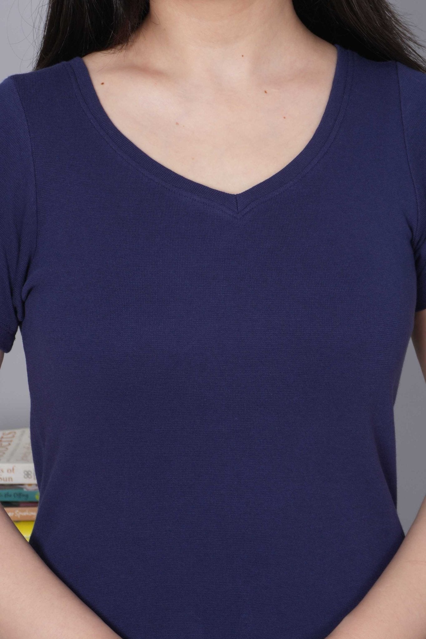 Navy Stretchable V Neck Rib T Shirt [ 100% USA HQ Cotton, 280 GSM non transparent fabric ] - Rib v neck t shirt