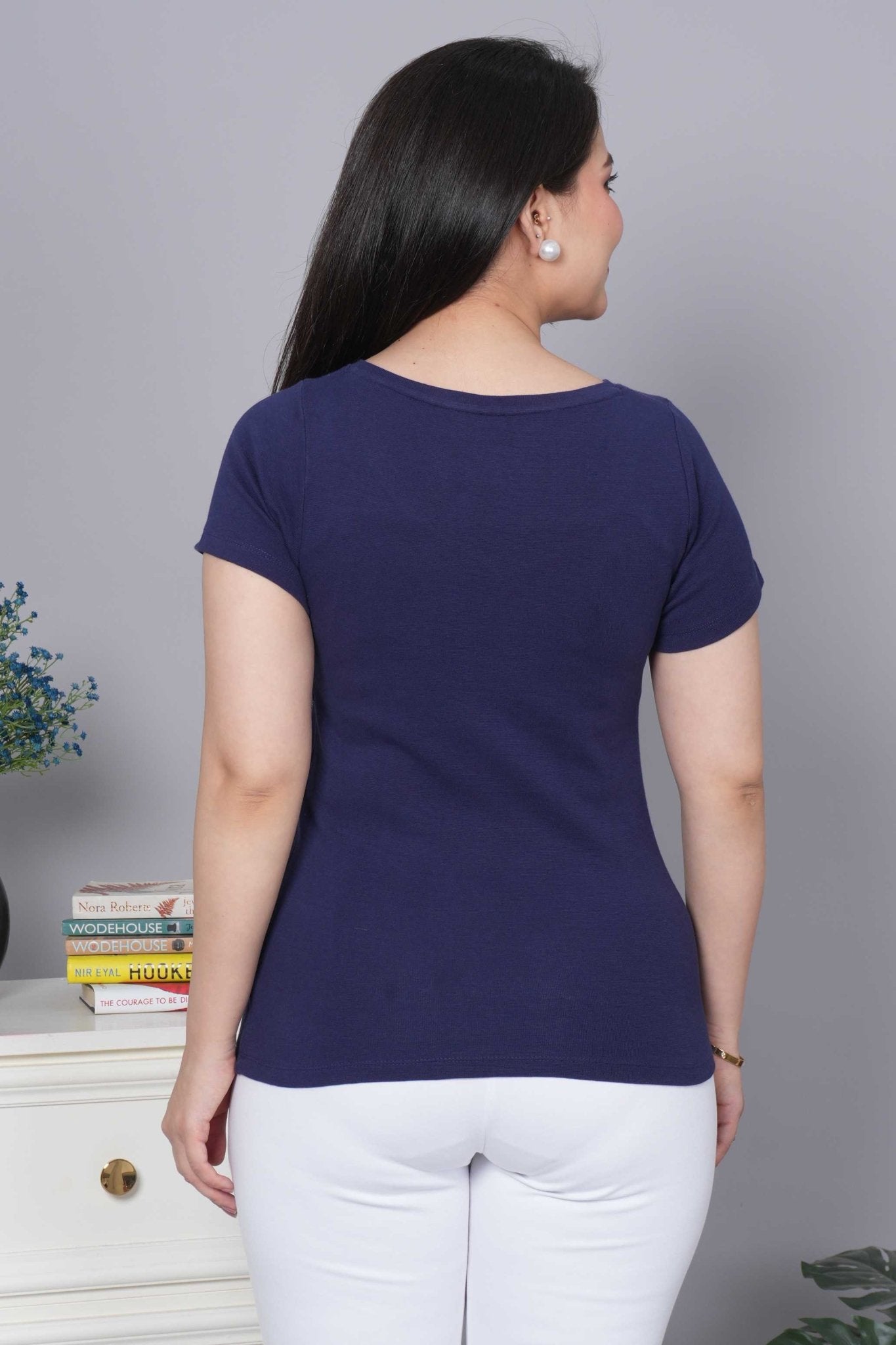 Navy Stretchable V Neck Rib T Shirt [ 100% USA HQ Cotton, 280 GSM non transparent fabric ] - Rib v neck t shirt