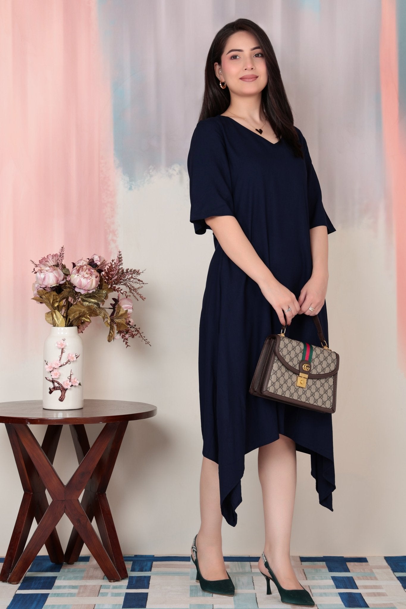 Navy v-neck line dress with sleeves [ Premium 100% Rayon, Liva Certified ] -Rayon flare dress with pocket