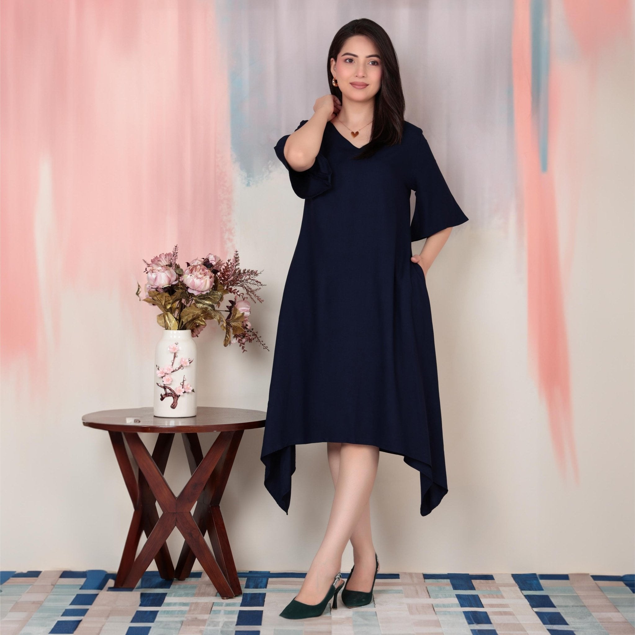 Navy v-neck line dress with sleeves [ Premium 100% Rayon, Liva Certified ] -Rayon flare dress with pocket