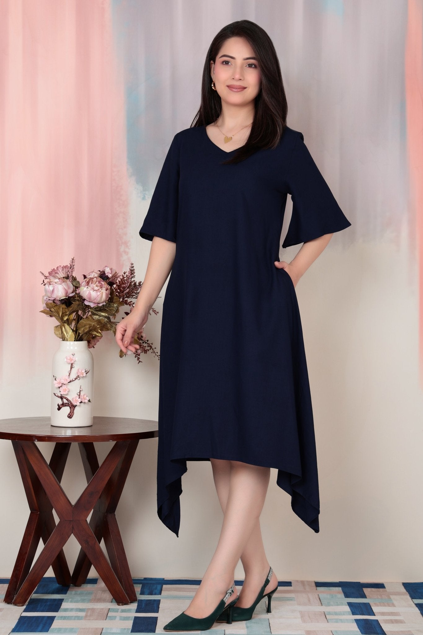 Navy v-neck line dress with sleeves [ Premium 100% Rayon, Liva Certified ] -Rayon flare dress with pocket