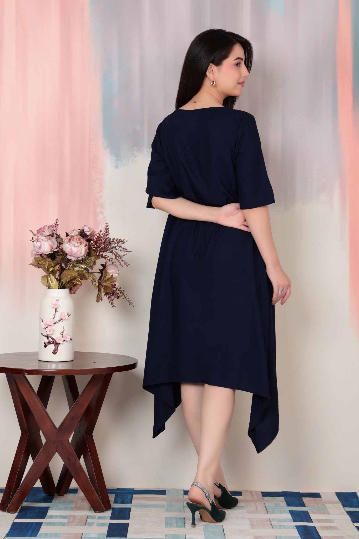 Navy v-neck line dress with sleeves [ Premium 100% Rayon, Liva Certified ] -Rayon flare dress with pocket