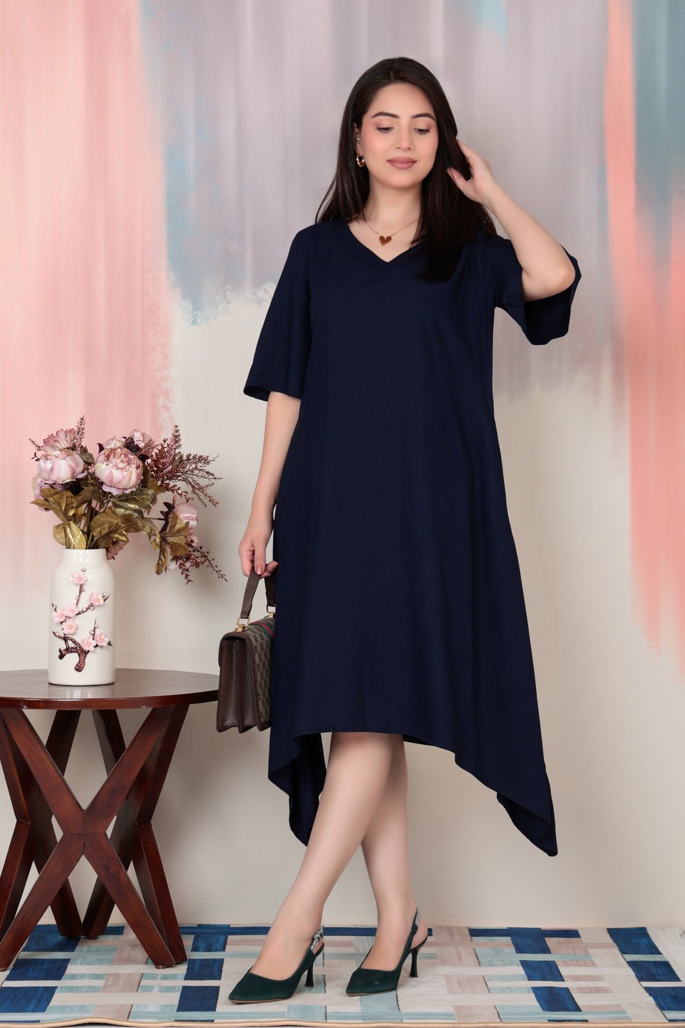 Navy v-neck line dress with sleeves [ Premium 100% Rayon, Liva Certified ] -Rayon flare dress with pocket