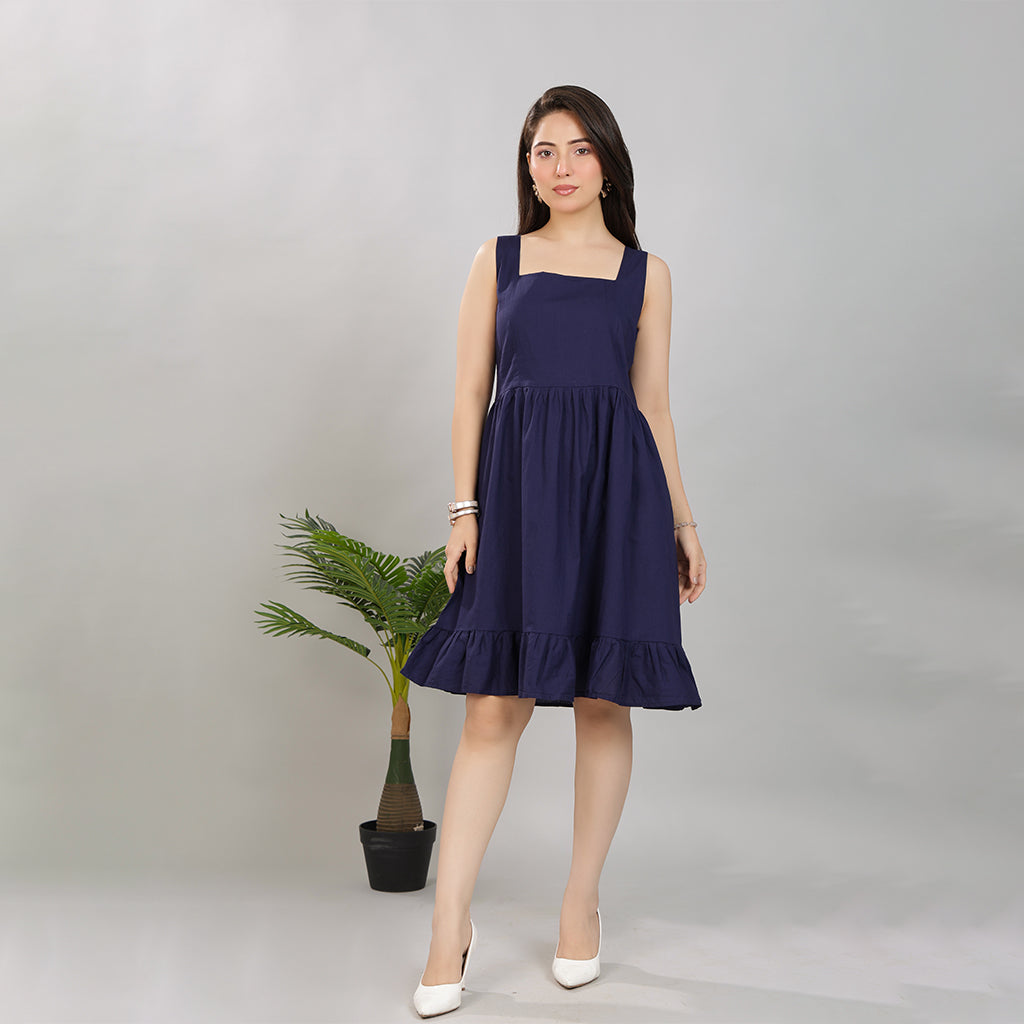 Navy square neck strap dress [100% pure cotton]