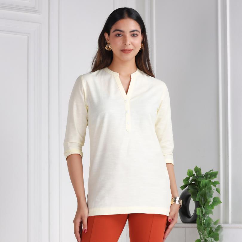 Off White 100% Cotton Short Kurti - Short kurta