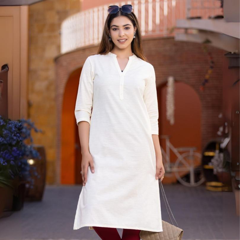 Off White 100% Premium Cotton Long Kurta - Long kurta