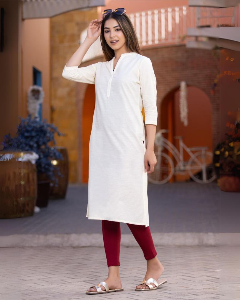 Off White Cotton Linen Long Kurti for officewear - Long kurti