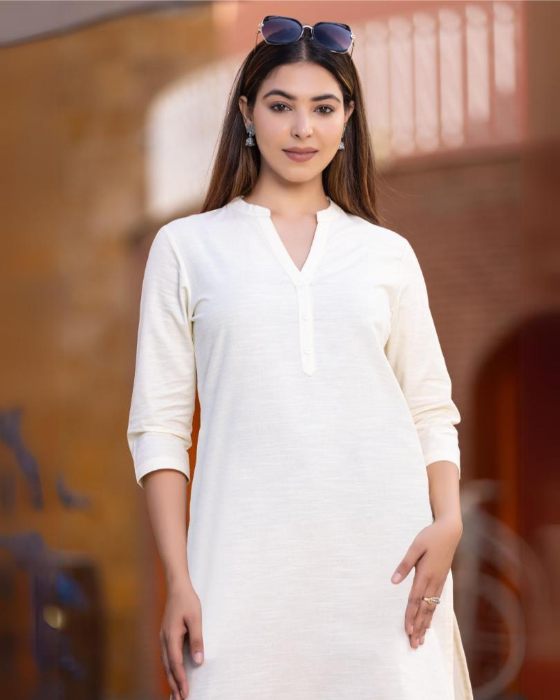 Off White Cotton Linen Long Kurti for officewear - Long kurti