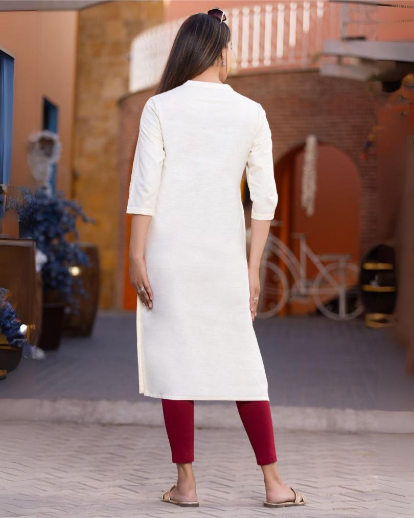 Off White Cotton Linen Long Kurti for officewear - Long kurti
