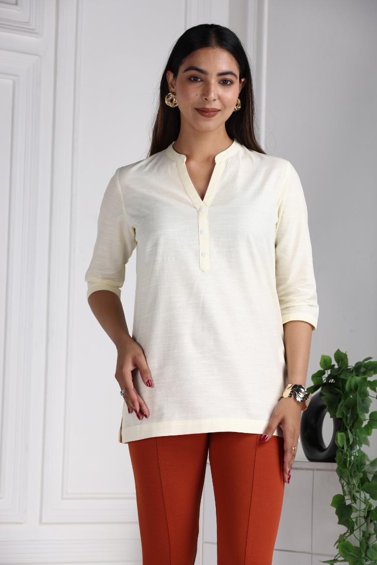 Off White Cotton Linen Short Kurti - Short kurta