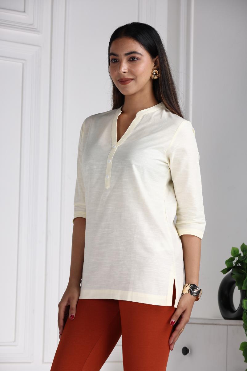 Off White Cotton Linen Short Kurti - Short kurta