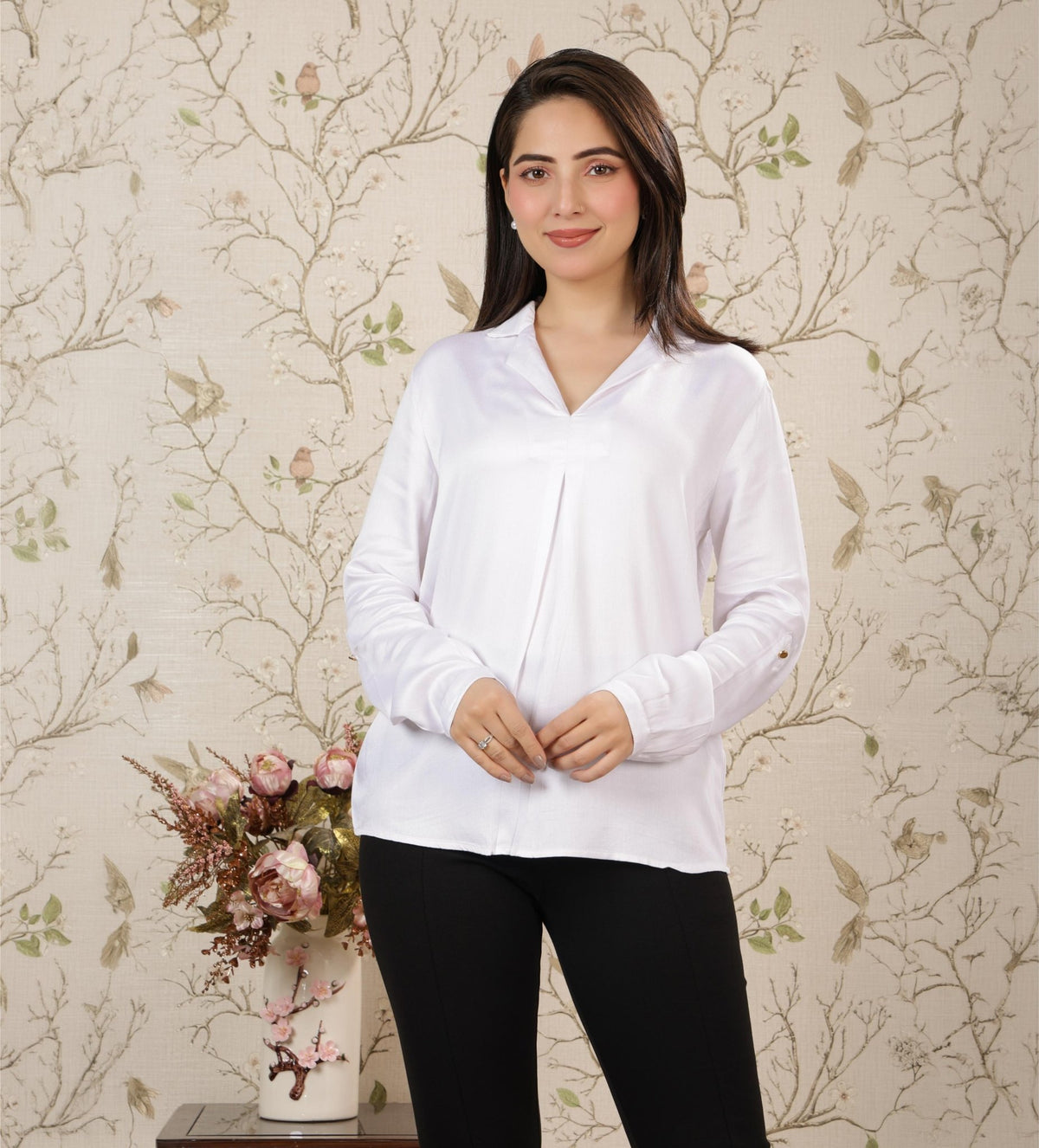Off white lapel collar satin top -satin shirt