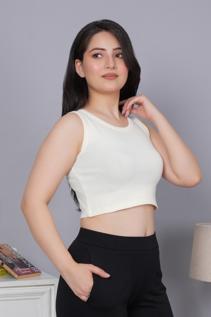 Off White Rib Crop Vest [ 100% USA HQ Cotton, 280 GSM non transparent fabric ] - Rib crop vest