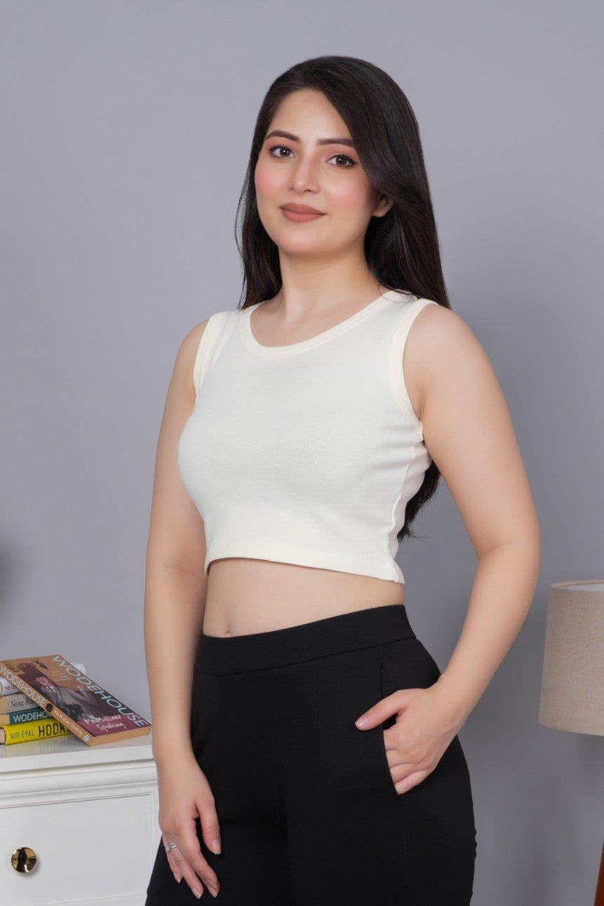 Off White Rib Crop Vest [ 100% USA HQ Cotton, 280 GSM non transparent fabric ] - Rib crop vest