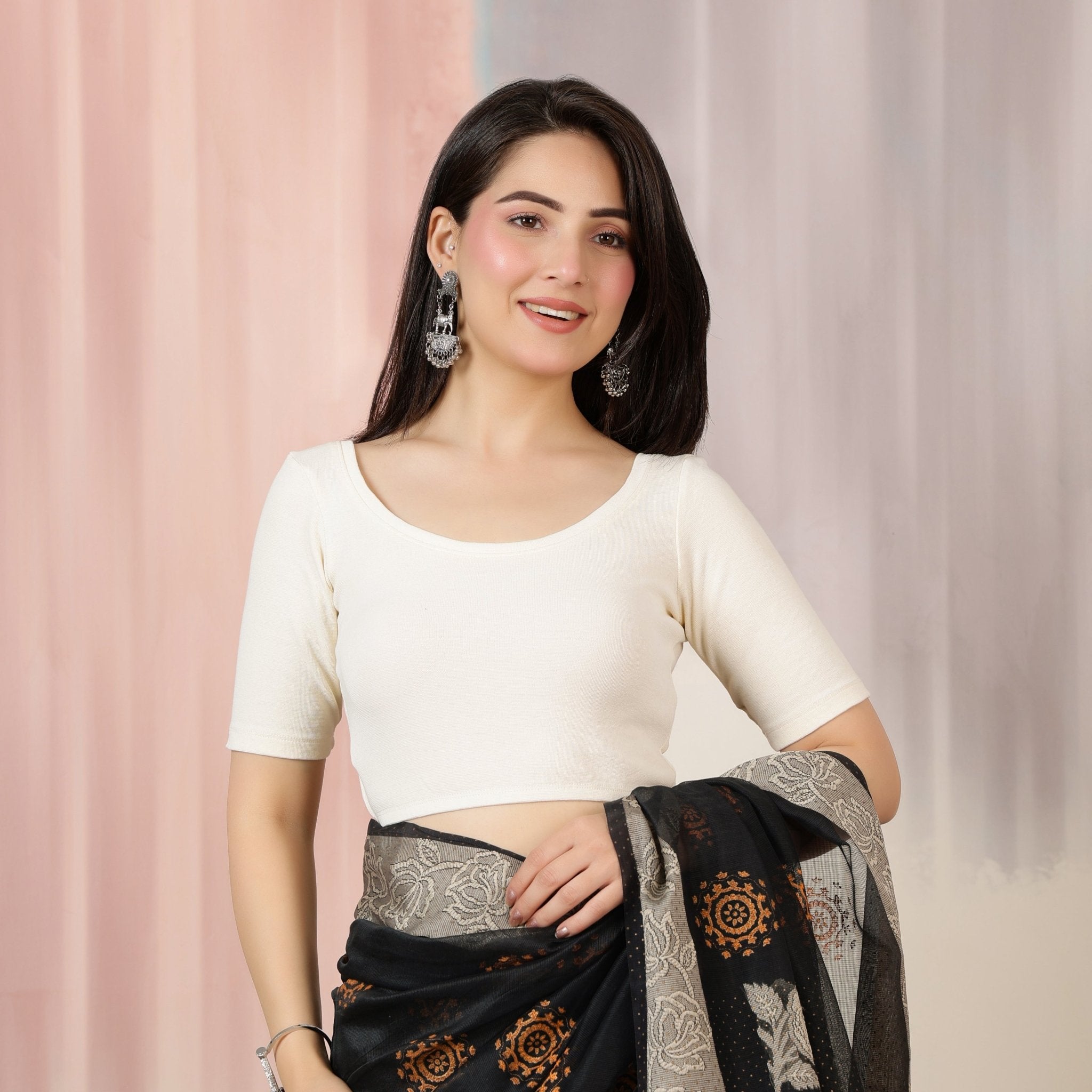Off White Rib Roundneck Half Sleeve Blouse [ 100% USA HQ Cotton, 280 GSM non transparent fabric ] -Rib blouse