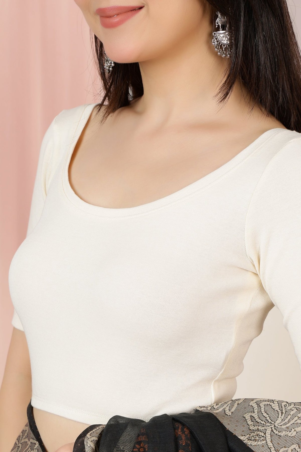 Off White Rib Roundneck Half Sleeve Blouse [ 100% USA HQ Cotton, 280 GSM non transparent fabric ] -Rib blouse