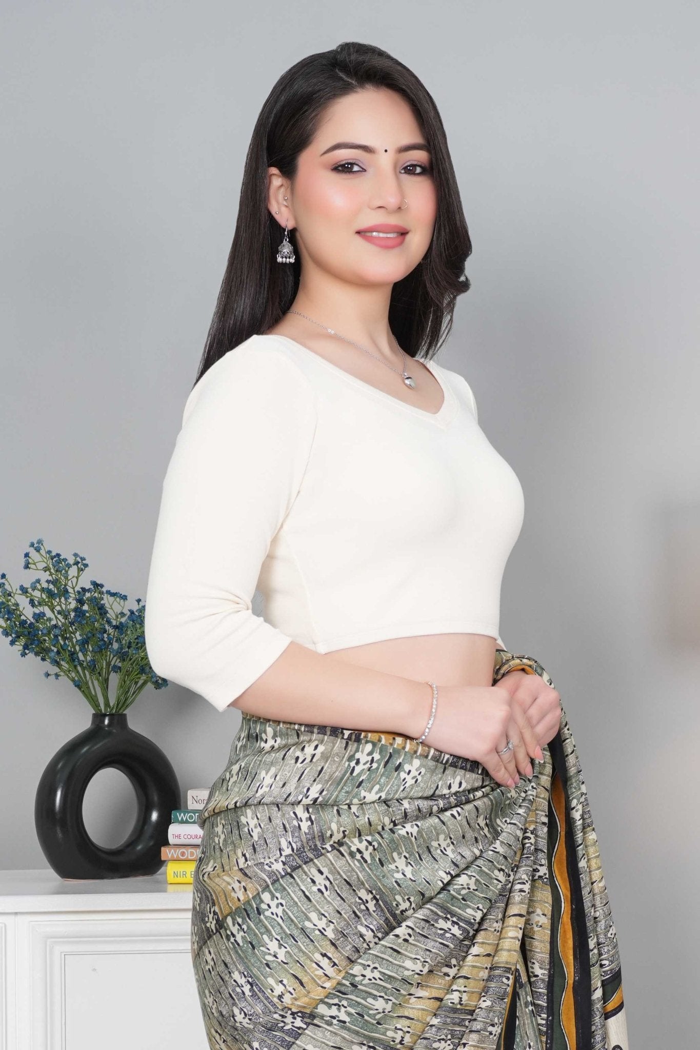 Off White Rib V Neck 3/4 Sleeve Blouse [ 100% USA HQ Cotton, 280 GSM non transparent fabric ] - Rib blouse