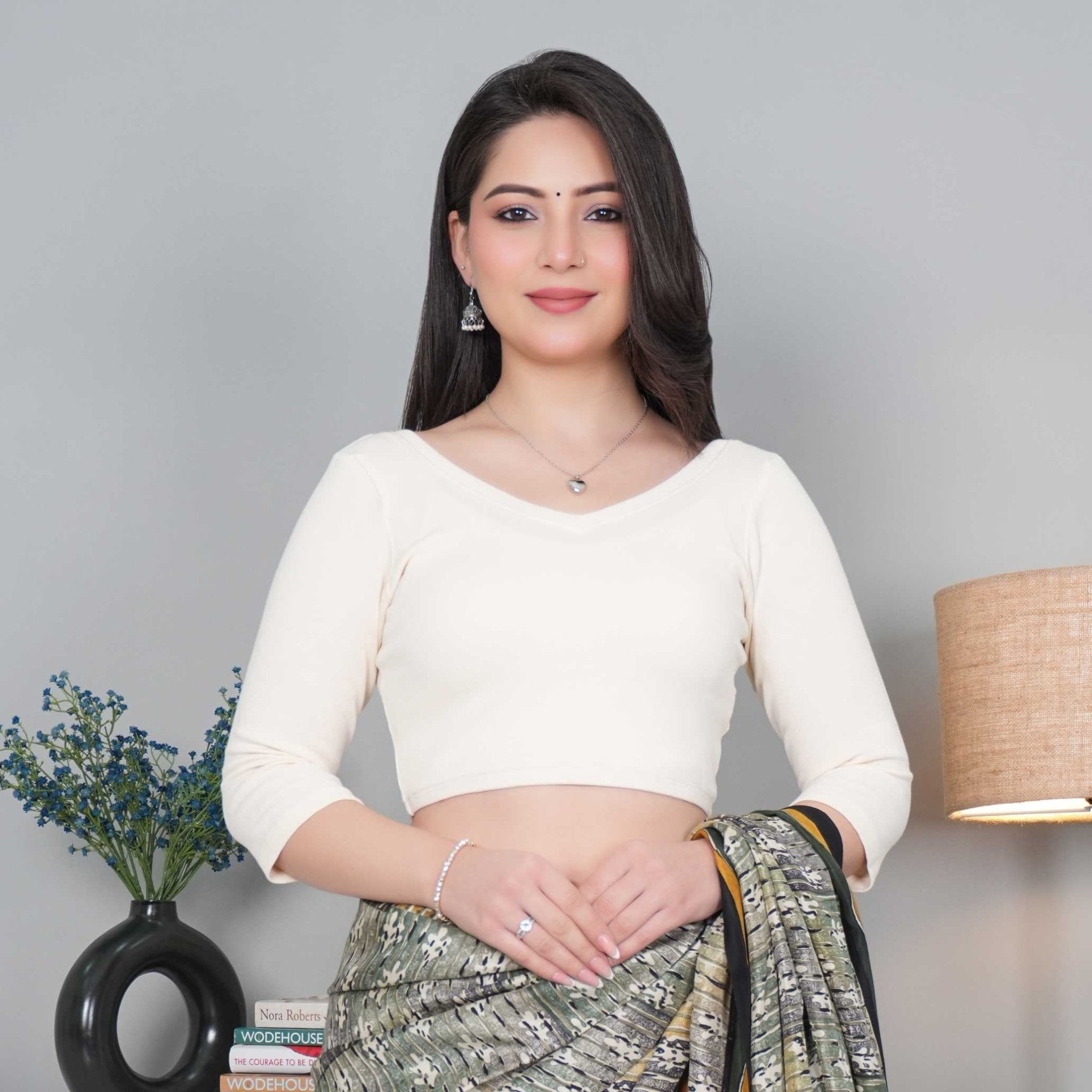 Off White Rib V Neck 3/4 Sleeve Blouse [ 100% USA HQ Cotton, 280 GSM non transparent fabric ] - Rib blouse