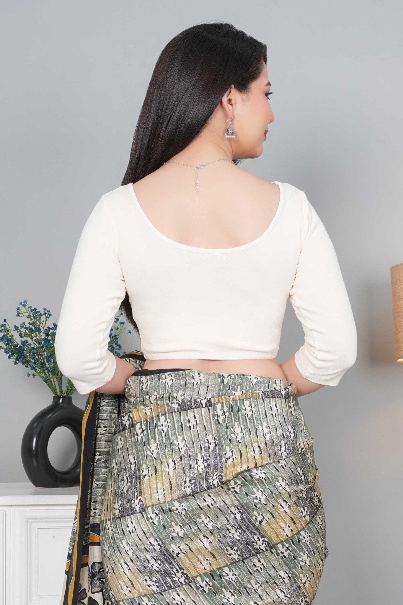 Off White Rib V Neck 3/4 Sleeve Blouse [ 100% USA HQ Cotton, 280 GSM non transparent fabric ] - Rib blouse