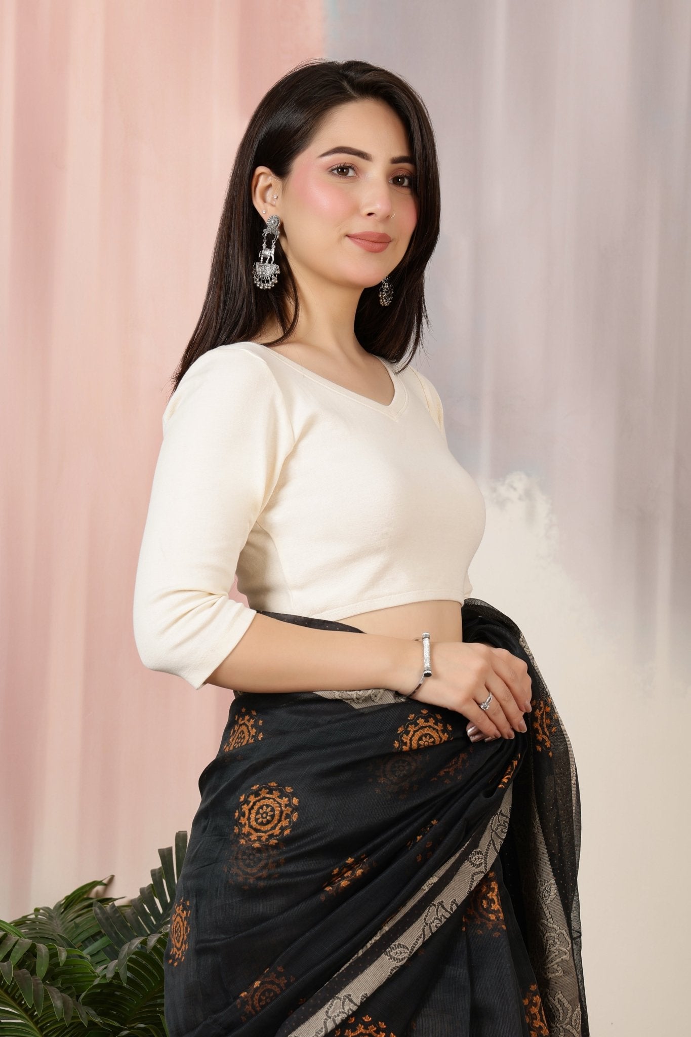 Off White Rib V Neck 3/4 Sleeve Blouse [ 100% USA HQ Cotton, 280 GSM non transparent fabric ] -Rib blouse