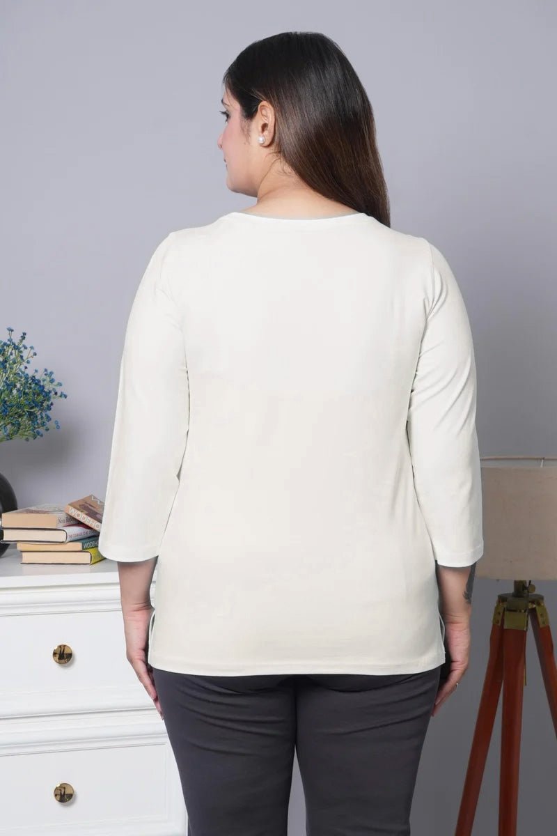 Off White Round Neck Cotton Lycra 3/4 Sleeve T Shirt - Cotton t shirt
