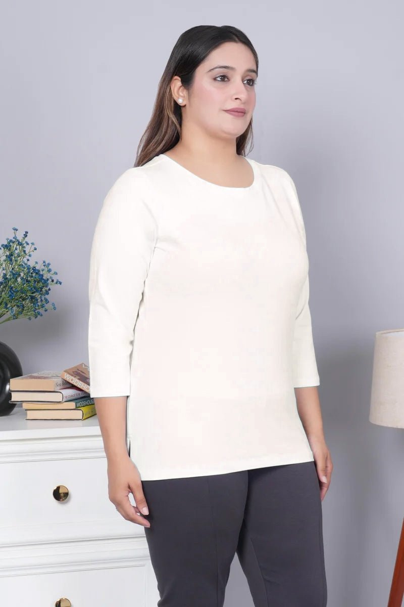Off White Round Neck Cotton Lycra 3/4 Sleeve T Shirt - Cotton t shirt