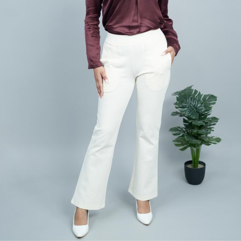 Off White stretchable biowash cotton bootcut flare pants with superior elastic belt. - Milano bootcut flare pants