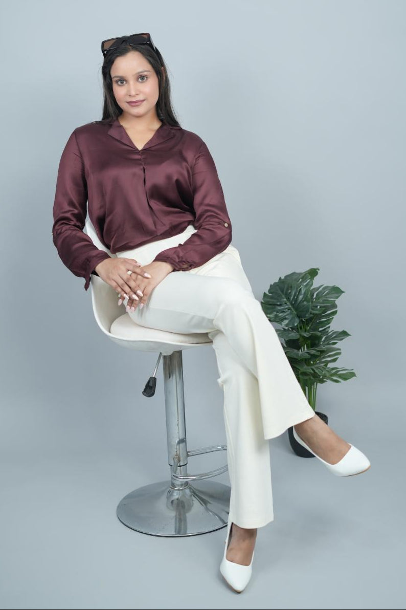 Off White stretchable biowash cotton bootcut flare pants with superior elastic belt. - Milano bootcut flare pants