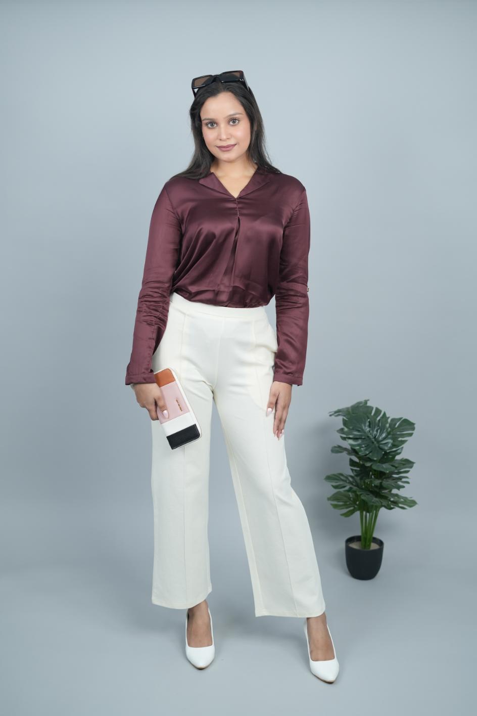 Off White stretchable biowash cotton extra flare fit pant with superior elastic belt. - Milano extra flare fit pants