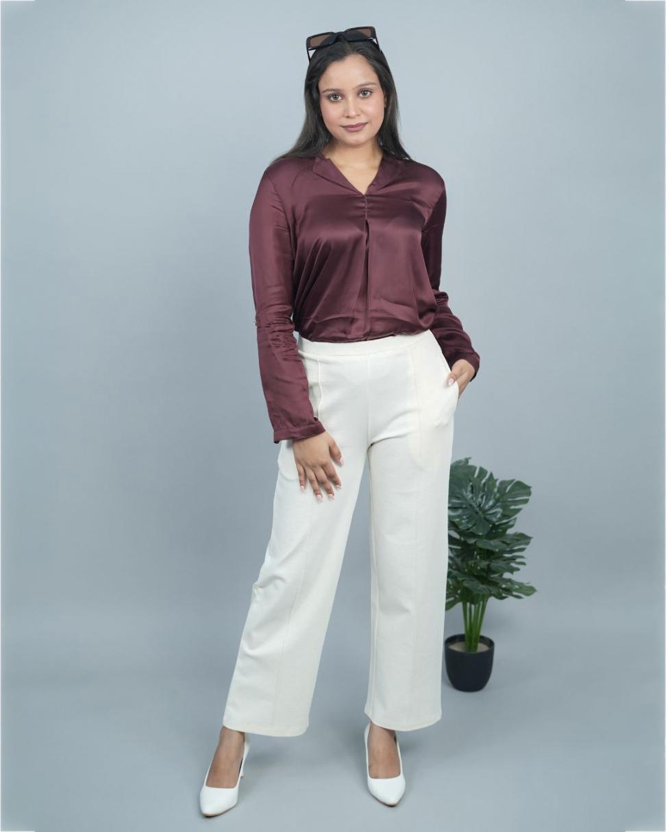 Off White stretchable biowash cotton extra flare fit pant with superior elastic belt. - Milano extra flare fit pants