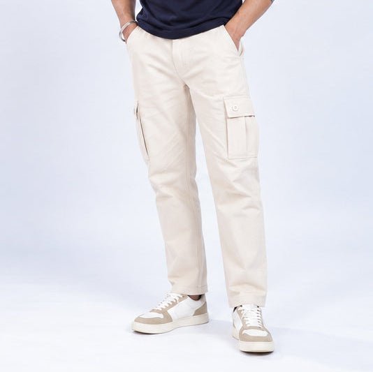 Off white stretchable biowash HQ cotton travel cargo bottom with superior elastic belt. -Travel Cargo Pants