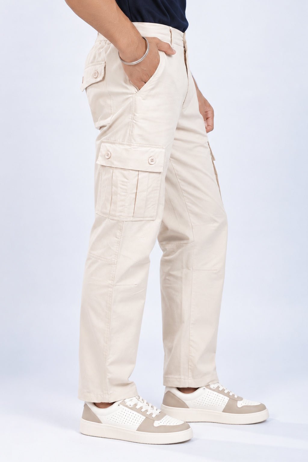 Off white stretchable biowash HQ cotton travel cargo bottom with superior elastic belt. -Travel Cargo Pants