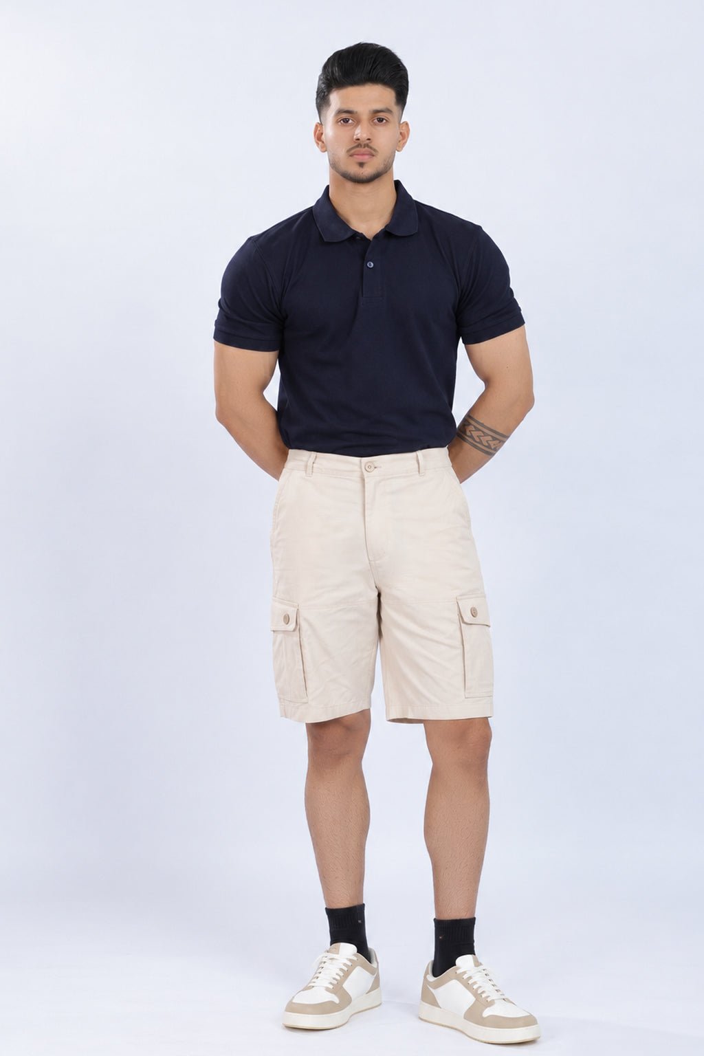 Off white stretchable biowash HQ cotton travel shorts with superior elastic belt. -Travel shorts
