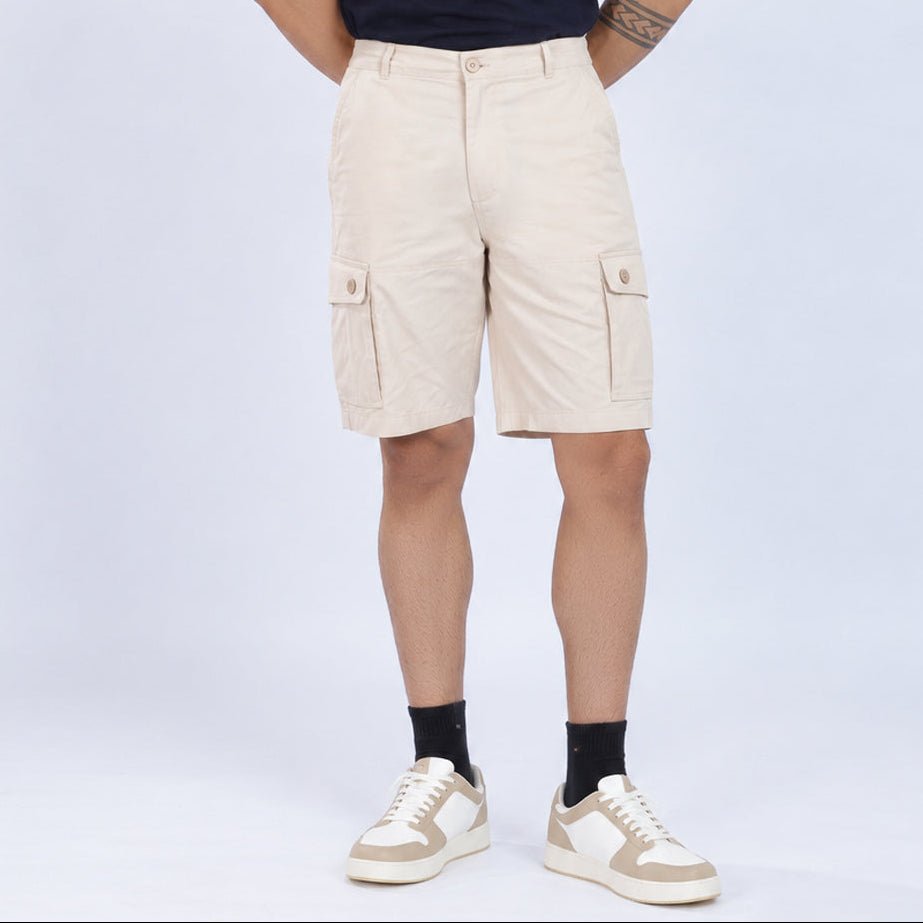 Off white stretchable biowash HQ cotton travel shorts with superior elastic belt. -Travel shorts
